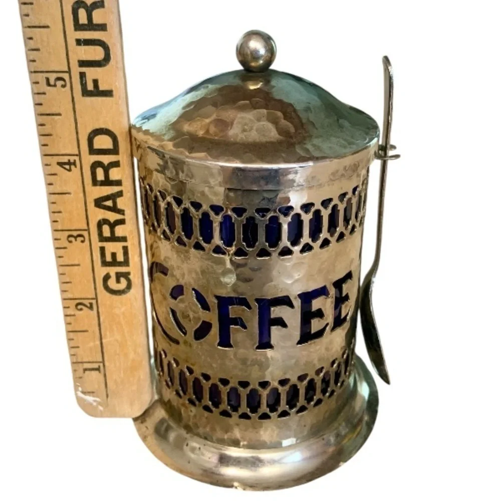 🌺VINTAGE SHEFFIELD ENGLAND SILVER PLATED COBALT LIDDED COFFEE CANISTER W/SPOON - Picture 15 of 16